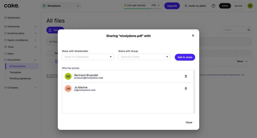 Cake
			 file management access control share modal document sharing ui page example
