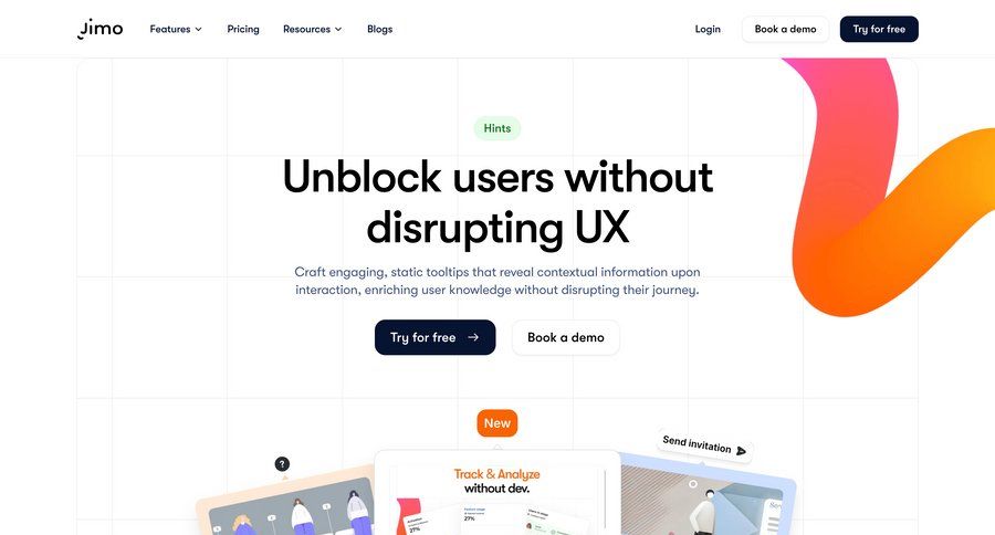Jimo
			 send invitation call to action progress circle features testimonials case studies customer stories suggestion ui page example