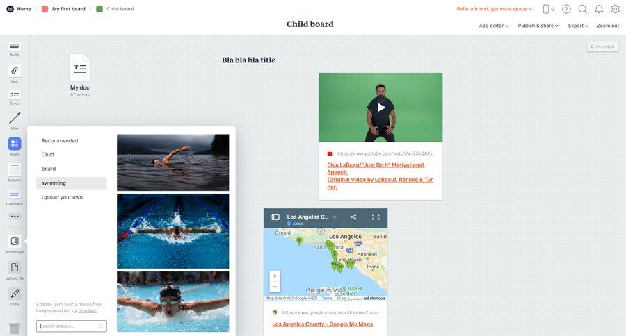 Milanote
			 content management collaboration sidebar navigation project management grid file upload drag and drop sidebar menu maps map view ui page example