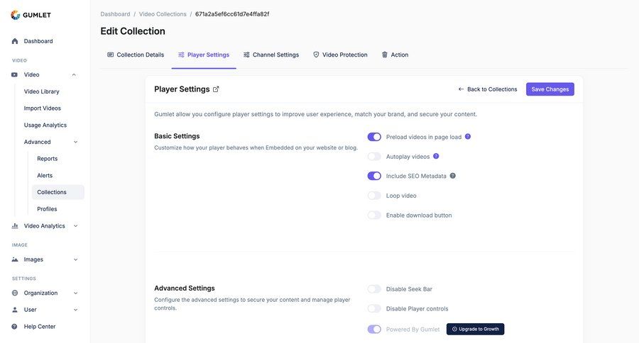 Gumlet
			settings player modal screen configuration settings form video management form layout video player save changes download report ui page example