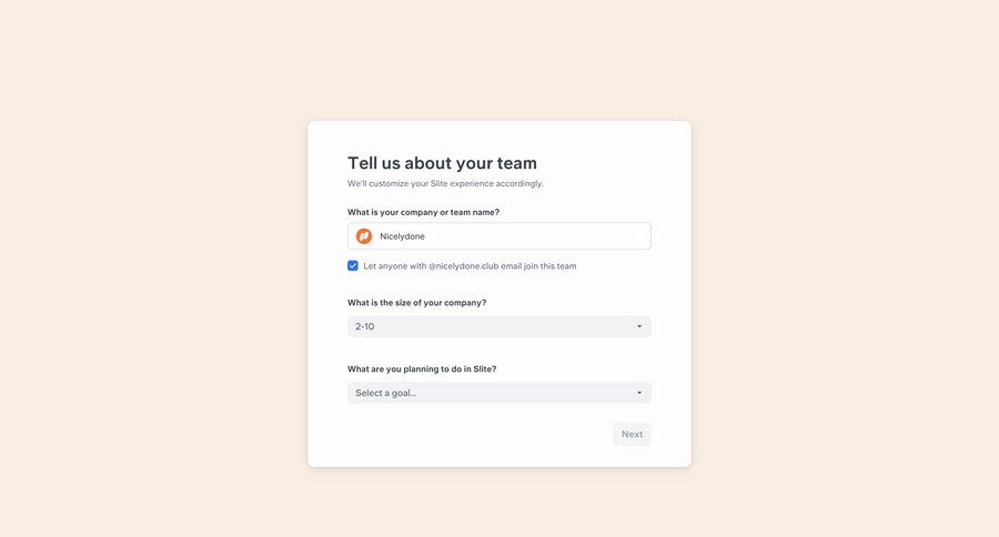 Slite
			 team collaboration onboarding form ui page example