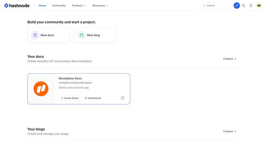 Hashnode
			 dashboard project management grid document management document creation blog management manage links create menu documentation ui page example