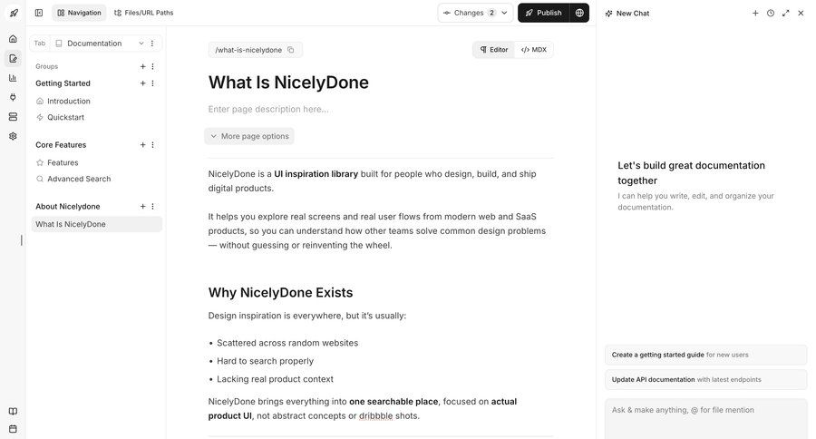Documentation.AI
			 content management sidebar navigation editor right sidebar three-column grid ai assistance hierarchical navigation sidebar chat documentation contextual help version control ui page example