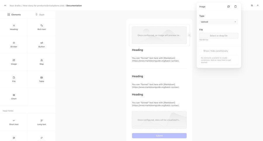 Tines
			 content management form editor file upload conditional logic drag and drop form building wysiwyg sidebar upload file doc documentation markdown editor rich text ui page example