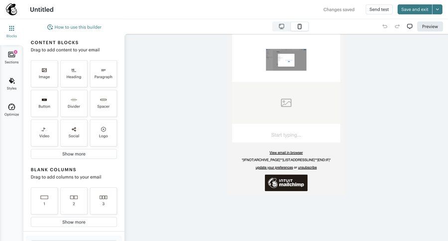 Mailchimp
			 wysiwyg editor content blocks email marketing ui page example