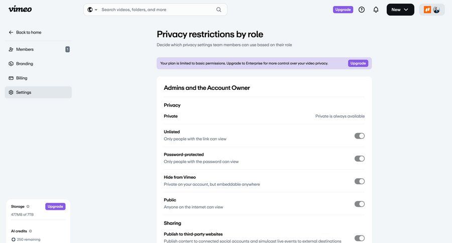 Vimeo
			 settings sidebar navigation account management account settings privacy settings sidebar configuration screen permissions ui page example