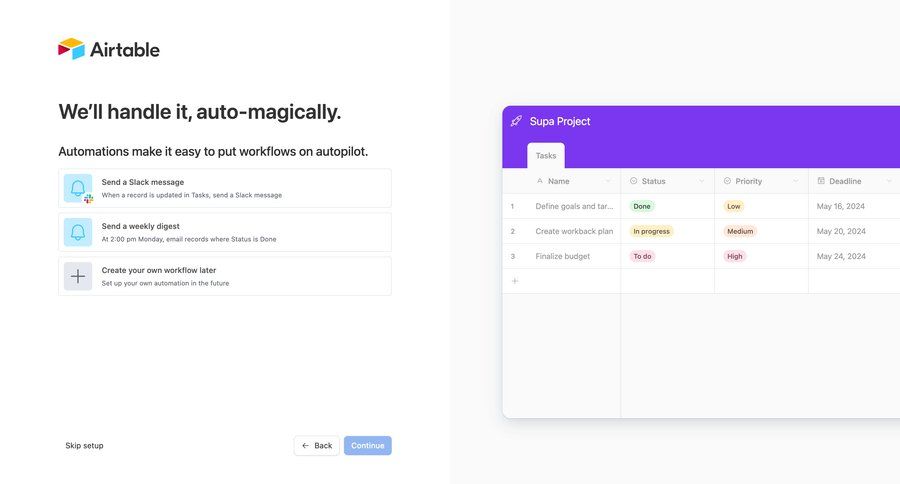 Airtable
			 task management project management workflow onboarding automation project setup split screen workflow automation split view automation setup setup table ui page example