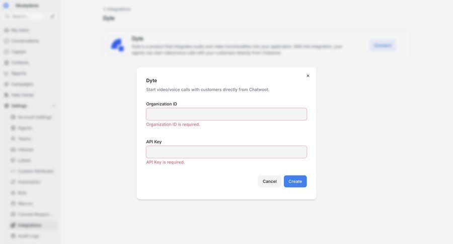 Chatwoot
			 settings form modal dialog integration setup integration management minimalist design api management message create integration configuration screen ui page example