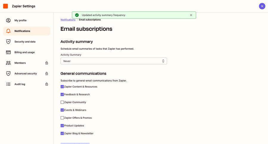 Zapier
			 settings account setup user account preferences alert notification settings email marketing ui page example