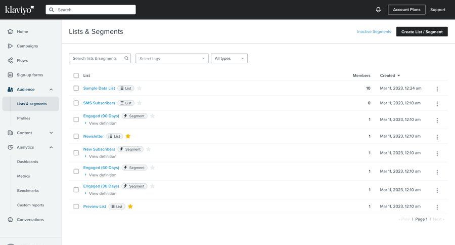 Klaviyo
			 e-commerce sidebar navigation list management audience management dropdown filters sidebar create menu table pagination newsletter signup ui page example