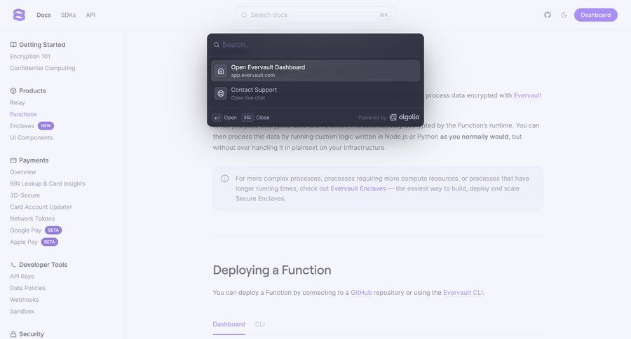 Evervault
			 getting started check out search suggestions version control suggestion command k ui page example