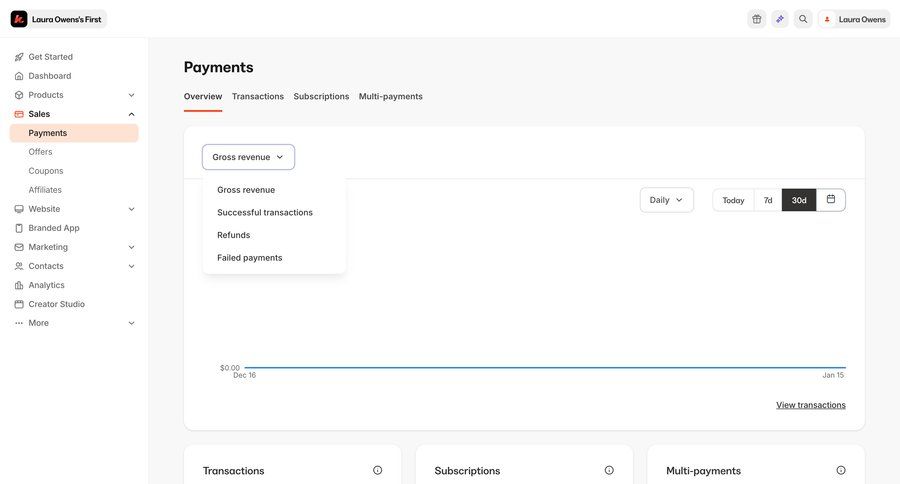 Kajabi
			 e-commerce dashboard sidebar navigation analytics dashboard financial reporting dashboard warning dropdown filters sidebar data visualization performance metrics monitoring business intelligence kpi dashboard ui page example