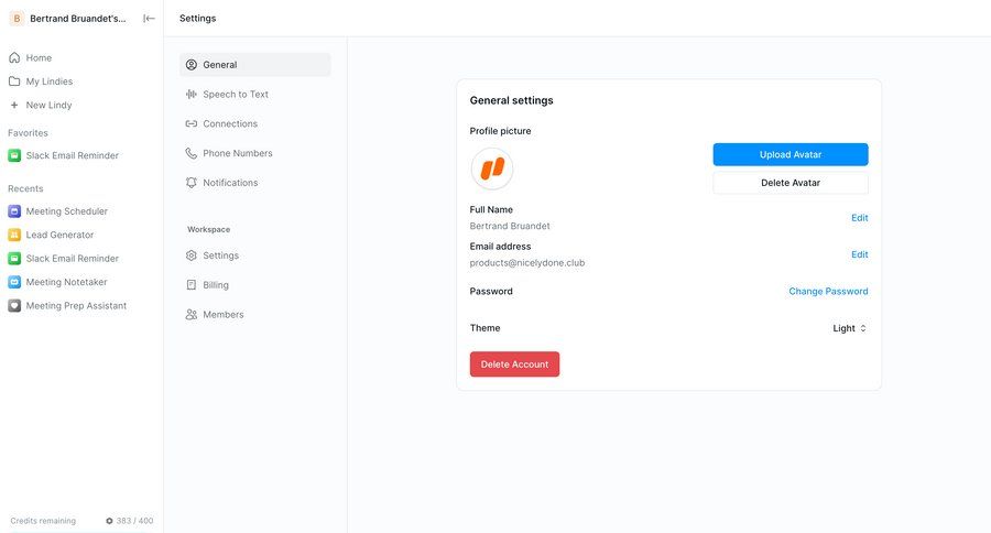 Lindy
			 settings sidebar navigation account management form account setup user settings workspace settings account deletion profile management sidebar user profile change password ui page example