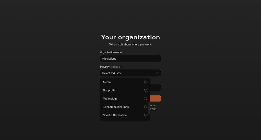 Anthropic
			 modal screen account management onboarding form account setup account creation user data profile creation ui page example