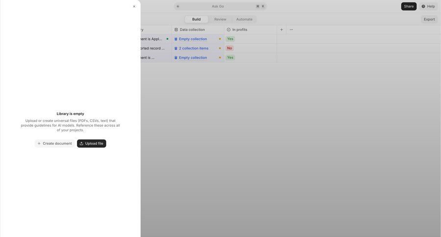 V7
			 modal screen data management content management artificial intelligence export file upload file management document creation file upload modal data display blank state void blank non-ideal state empty page prompt upload file table ui page example