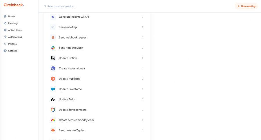 Circleback
			 settings sidebar navigation automation integration management create menu integration update ui page example