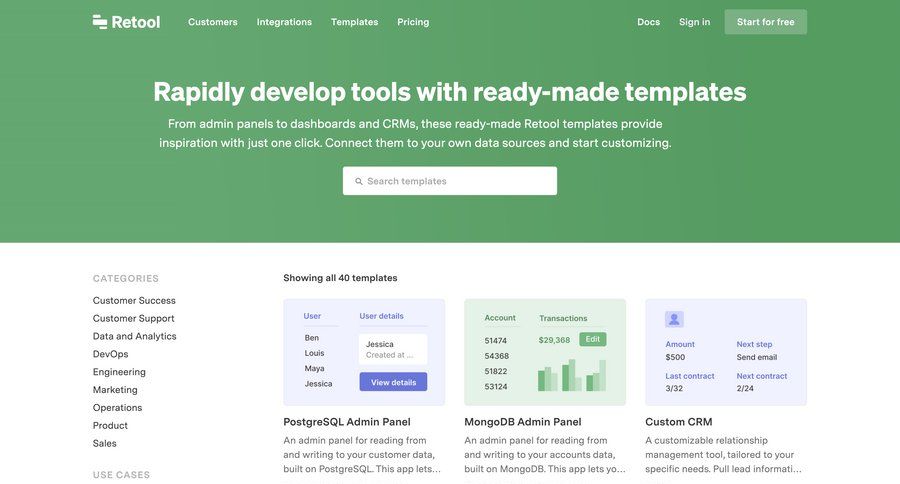 Retool
			 free templates interactive map world map progress circle filter ui file upload ui blog templates crm dashboard search suggestions ui page example