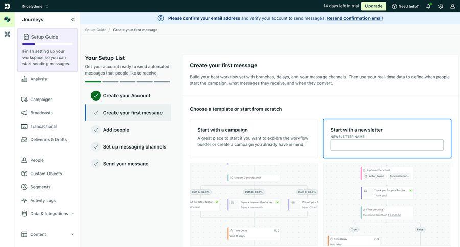 Customer.io
			 sidebar navigation onboarding account setup workflow builder workflow automation marketing automation customer communication template selection trial checkout guide sidebar setup progress bar modern email confirmation ui page example