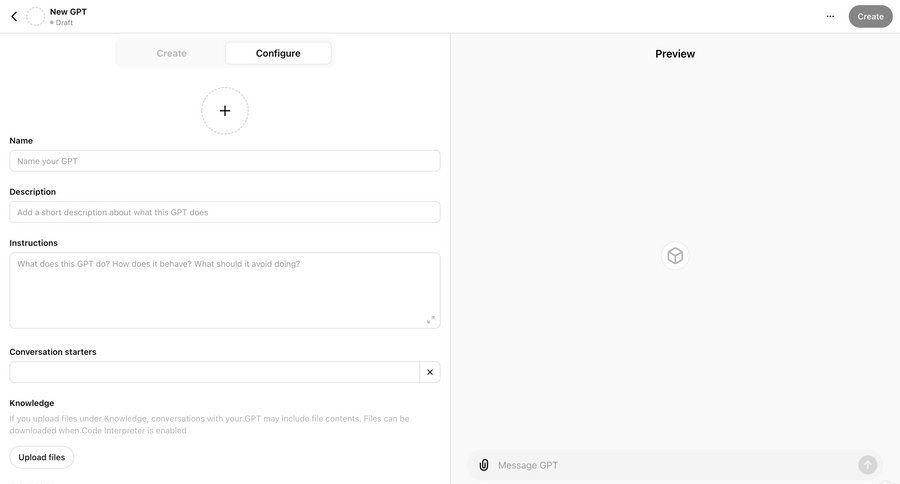 ChatGPT
			 configuration artificial intelligence form split screen file upload instructions preview panel create upload file chatbot configuration screen ui page example
