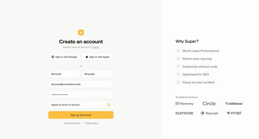 Super
				signup page example