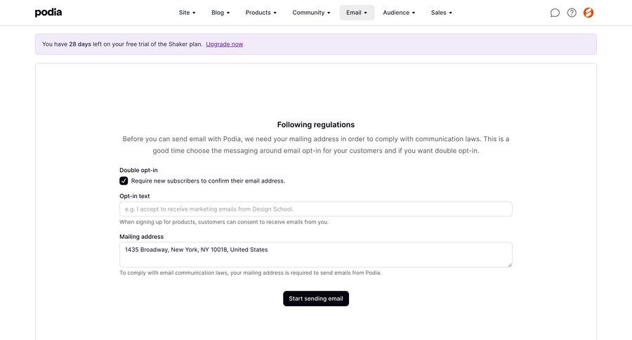 Podia
			 configuration settings e-commerce onboarding form setup on boarding order tracking ui page example