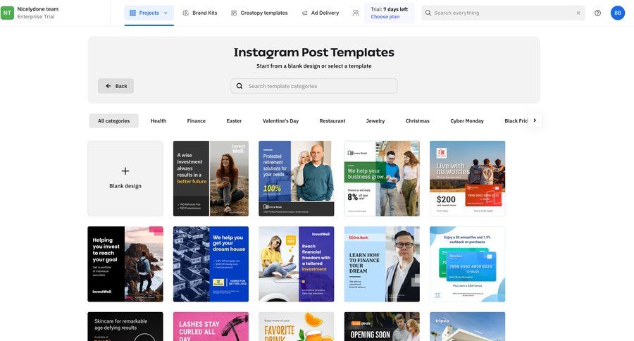 Creatopy
			 grid design templates template library template selection modern search bar ui page example