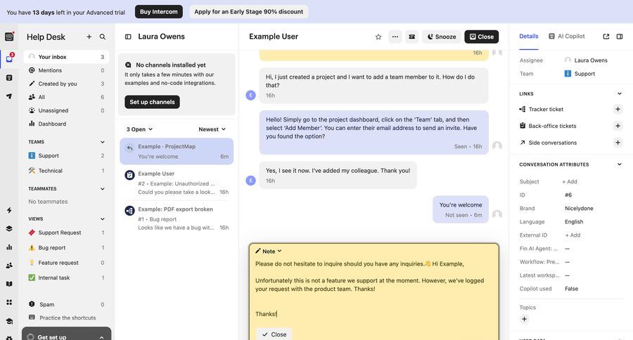 Intercom
			 team collaboration sidebar navigation project management conversational ui issue tracking right sidebar three-column grid conversational interface dashboard notification dropdown filters radio group sidebar alert message system notification push notification notification center menu modern customer support chat ui page example