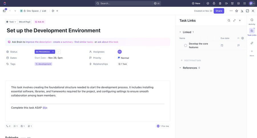 ClickUp
			 task management collaboration project management progress indicator project tracking expandable sections ai assistance sidebar product details item details menu progress bar table ui page example
