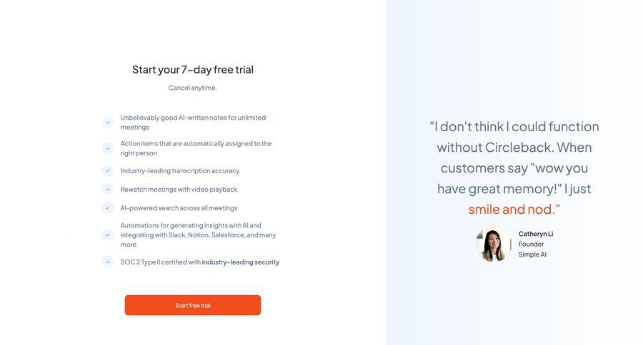 Circleback
			 artificial intelligence free trial ui page example