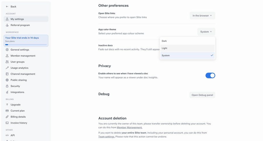 Slite
			settings delete account billing account settings workspace settings settings account management account deletion privacy settings preferences ui page example