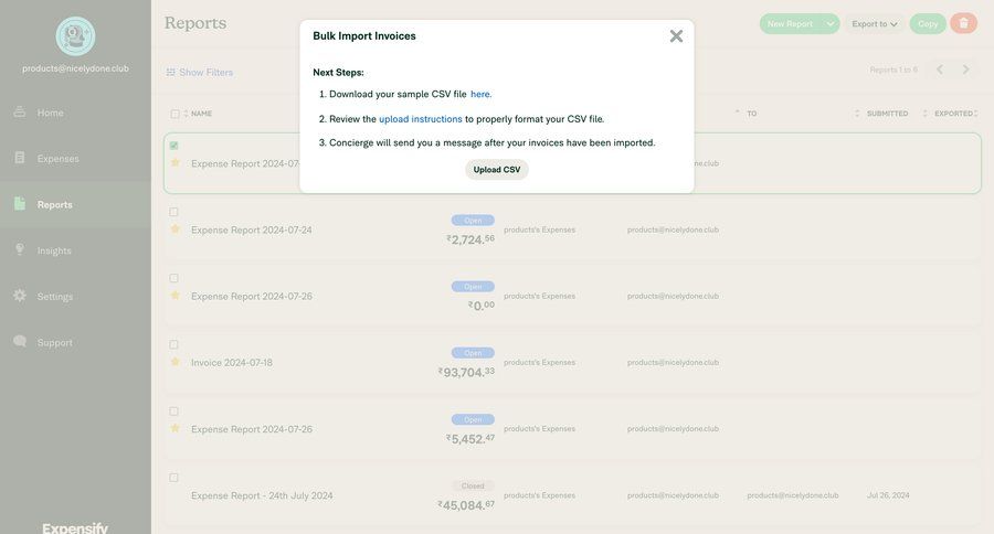 Expensify
			 sidebar navigation finance import data user account file upload modal expense management modal finance bulk import bulk upload wizard sidebar data import import file import tool import wizard upload file table pagination importing data file picker download report ui page example