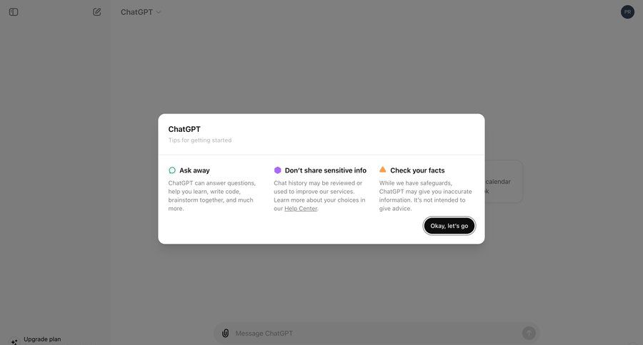 ChatGPT
			 artificial intelligence onboarding onboarding modal getting started call to action personal space tips chatbot ui page example