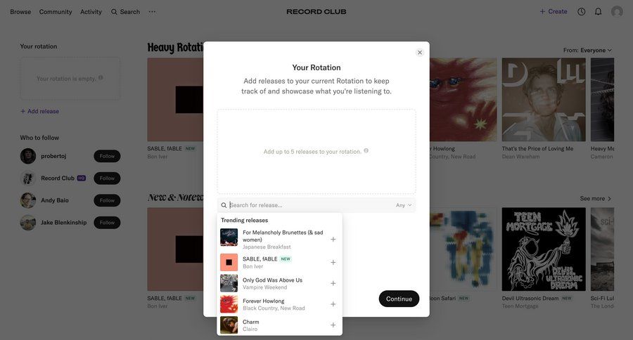 Record club
			 content management onboarding content recommendation research ui page example