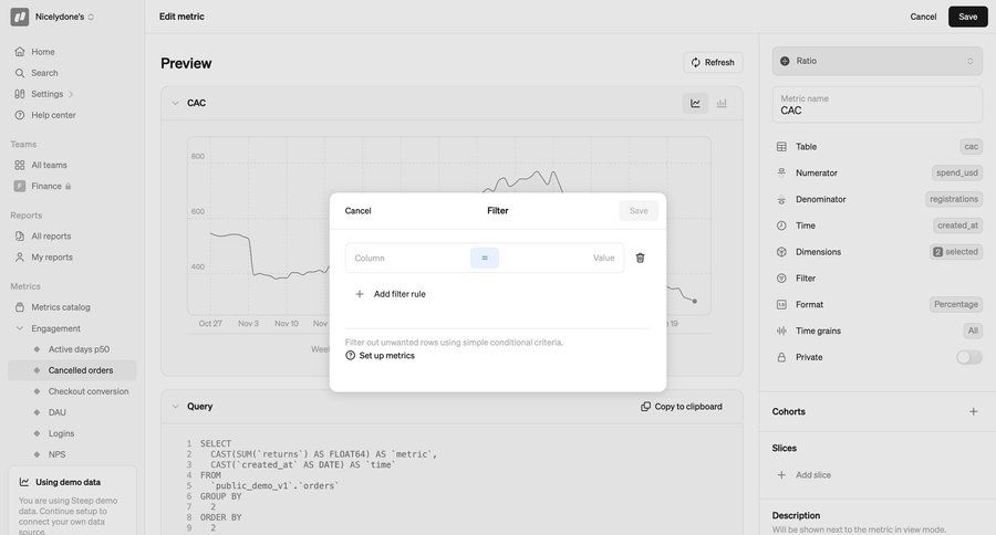 Steep
			 dashboard conditional logic data analysis data filtering sidebar data visualization business intelligence checkout screen table edit mode ui page example