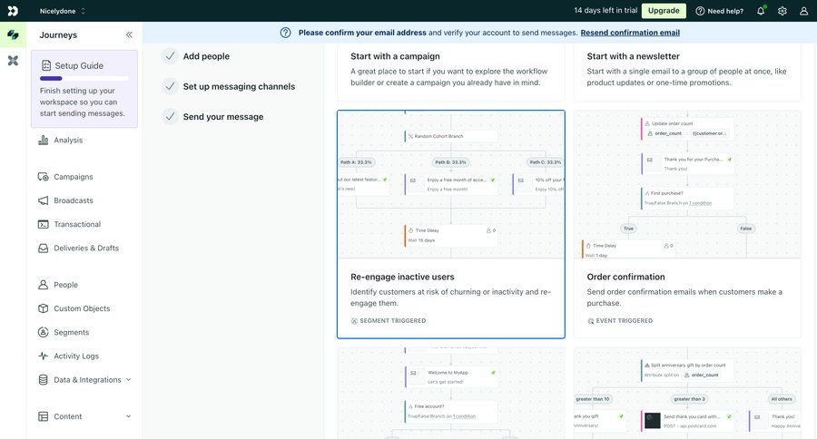 Customer.io
			 dashboard sidebar navigation grid onboarding workflow automation workflow creation customer engagement template selection content blocks free account guide sidebar setup progress bar accordion email confirmation ui page example