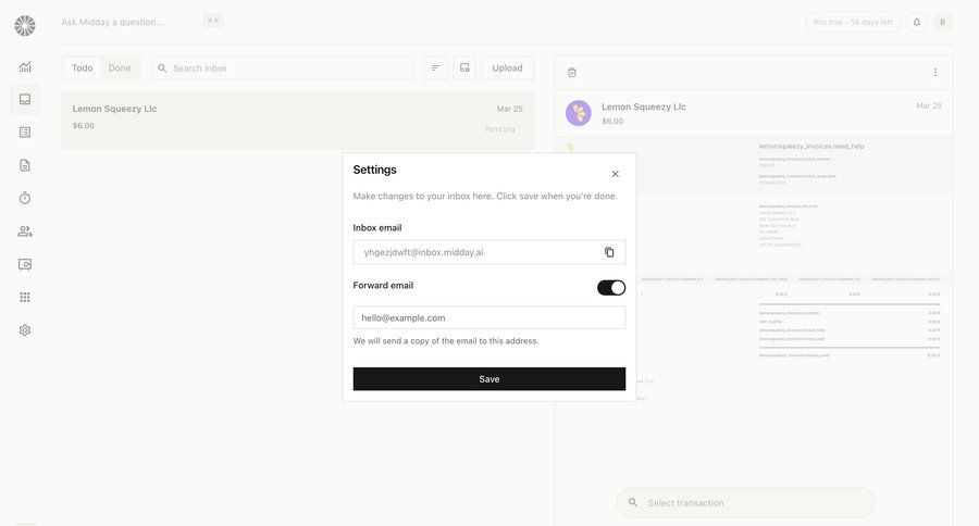Midday
			 configuration settings form finance email save changes inbox management settings modal ui page example