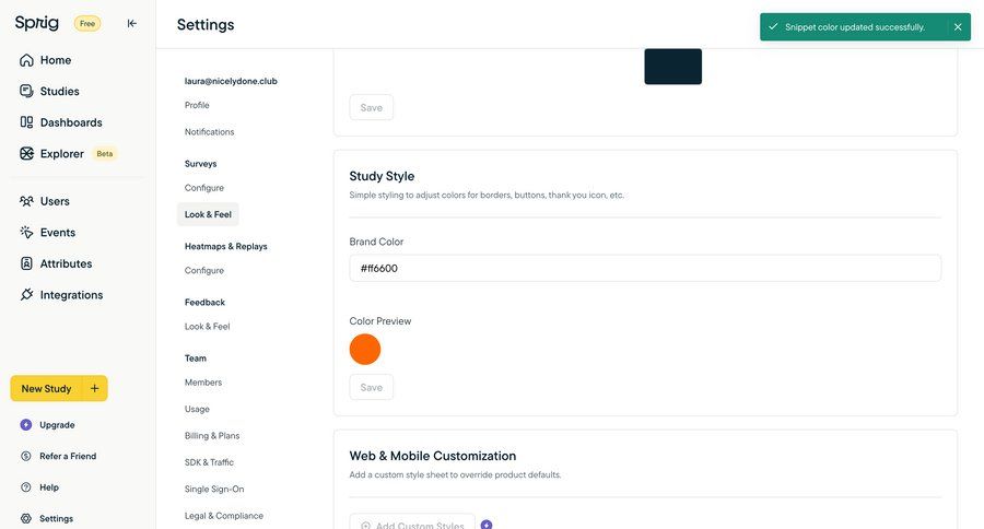 Sprig
			 configuration settings sidebar navigation form customize style customization save changes sidebar toast notification ui page example
