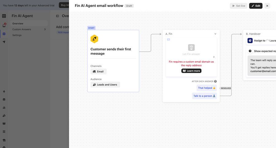 Intercom
			 configuration sidebar navigation artificial intelligence workflow automation editor workflow builder drag and drop workflow screen workflow editor sidebar create setup modern email marketing ui page example