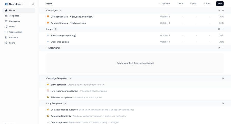 Loops
			 email marketing recent activity template library campaign management ui page example