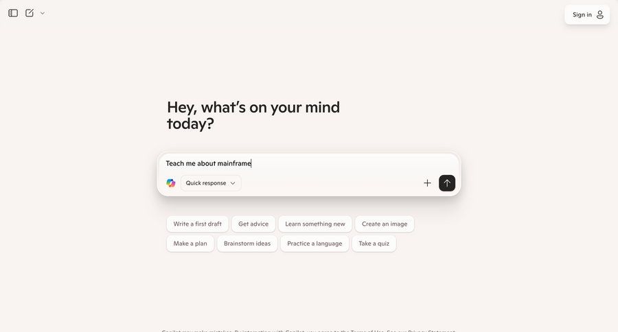 Copilot
			 artificial intelligence onboarding full-screen layout conversational interface chat interface ui page example