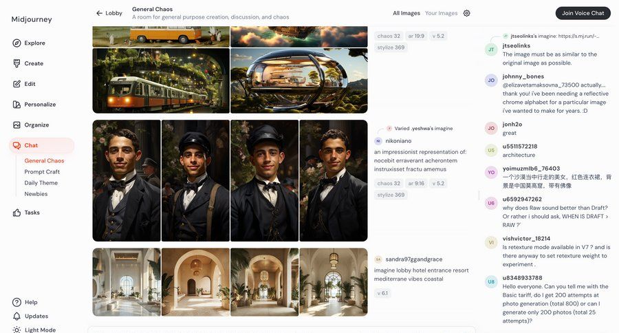Midjourney
			 sidebar navigation artificial intelligence grid design full-screen layout sidebar communication chat menu image gallery chat interface ui page example