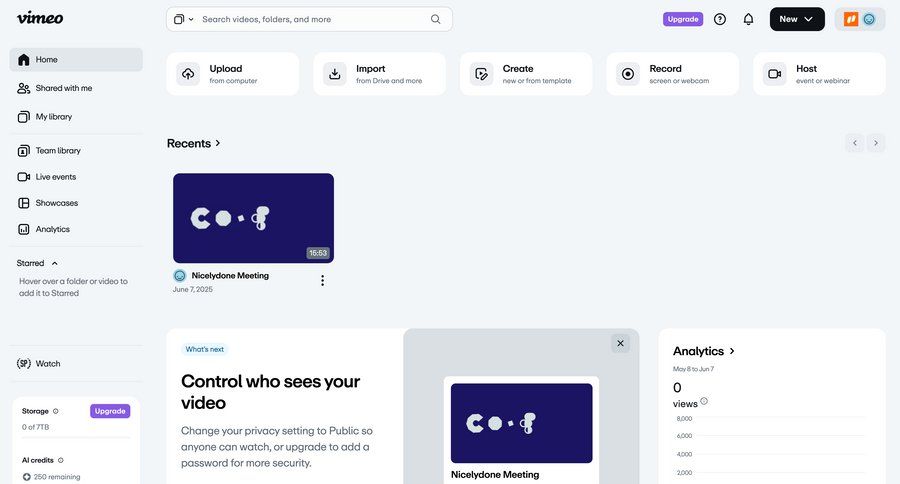 Vimeo
			 content management dashboard sidebar navigation account management video management account setup analytics dashboard content sharing sidebar menu progress bar analytics card layout ui page example