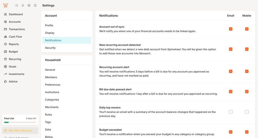 Monarch
			notification settings settings sidebar navigation onboarding account setup fintech account settings notification management dashboard notification preferences alert message product update notification settings ui page example