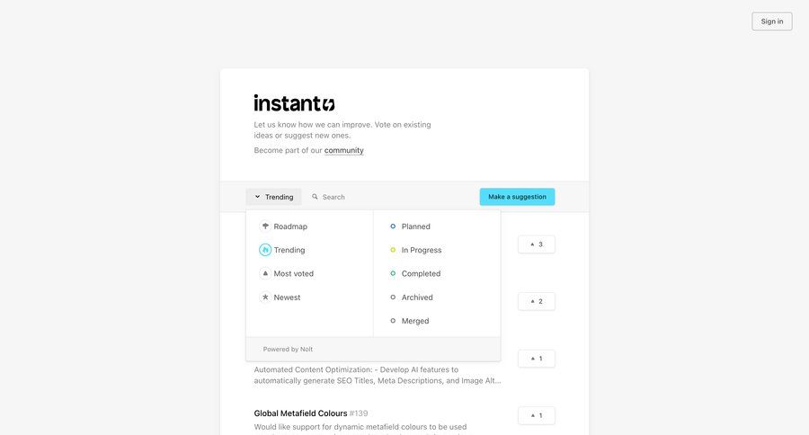 Instant
			community call to action search suggestions global search suggestion ui page example