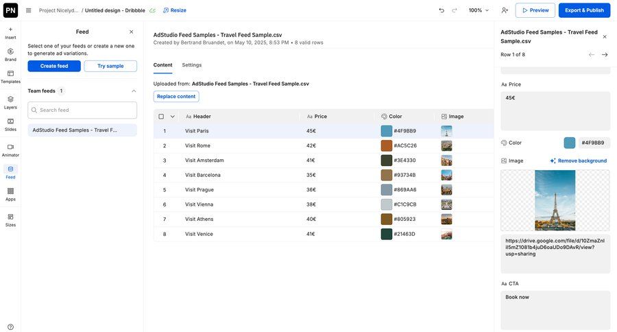 Creatopy
			 data management content management sidebar navigation form export color selection preview panel sidebar data import table ui page example