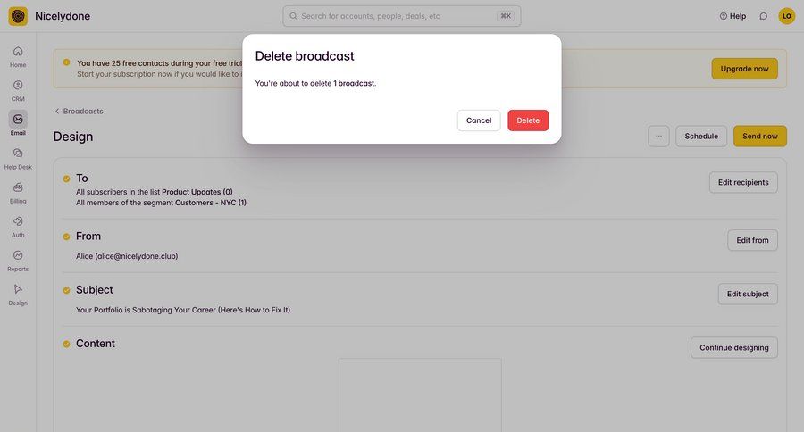 Outseta
			 content management sidebar navigation delete confirmation confirmation screen email confirmation message ui page example