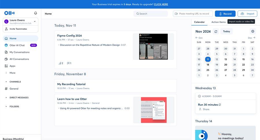Otter
			 collaboration dashboard sidebar navigation onboarding schedule scheduling meetings rounded corners call recording sidebar personal space menu tips timeline ui modern conversational voice toast notification meeting ui page example