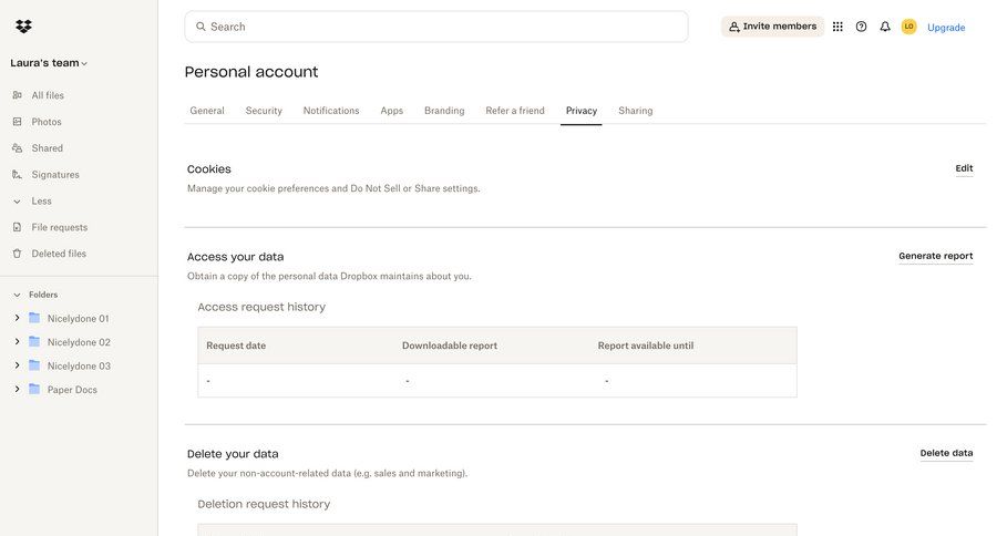Dropbox
			 data management settings sidebar navigation hierarchical content account settings content blocks sidebar user profile table ui page example