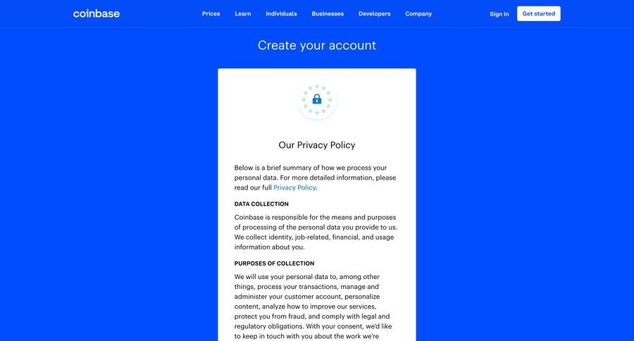 Coinbase
				signup page example