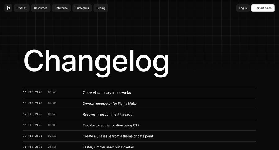 Dovetail
				changelog ui page example